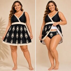 BloomChic Swim Dress Set Plus Size 26 Black Boho Modest Swimwear Beach Resort